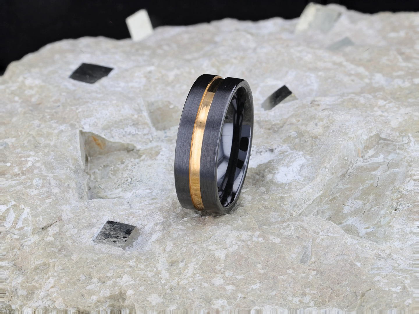 VIVALDI Black Ceramic Wedding Band With Yellow Gold Groove - 4mm - 8mm - Larson Jewelers