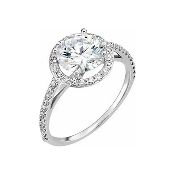 VIVIENNE Pavé Halo Four Prong Solitaire Lab Diamond Engagement Ring in Platinum - Larson Jewelers