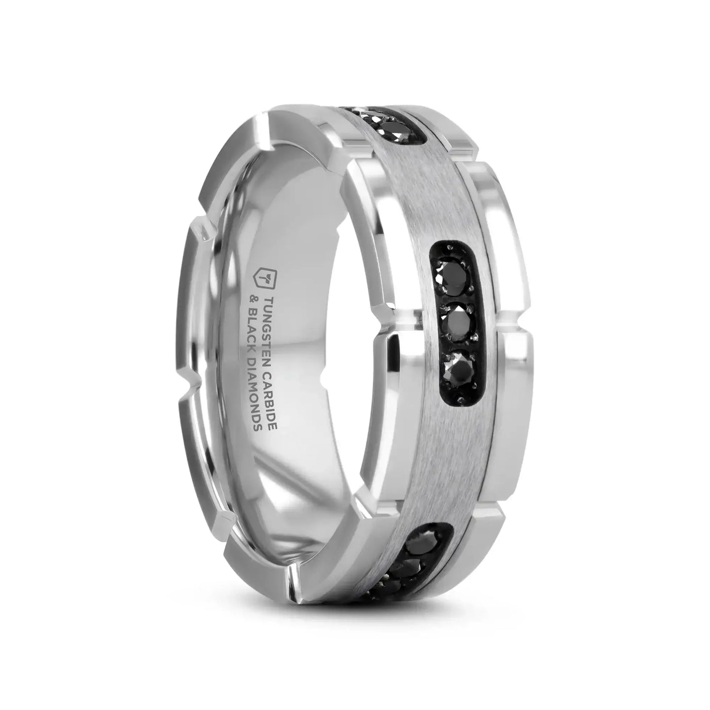 VALOR Grooved Tungsten Ring with Silver Inlay & Black Diamonds - 8mm - Larson Jewelers
