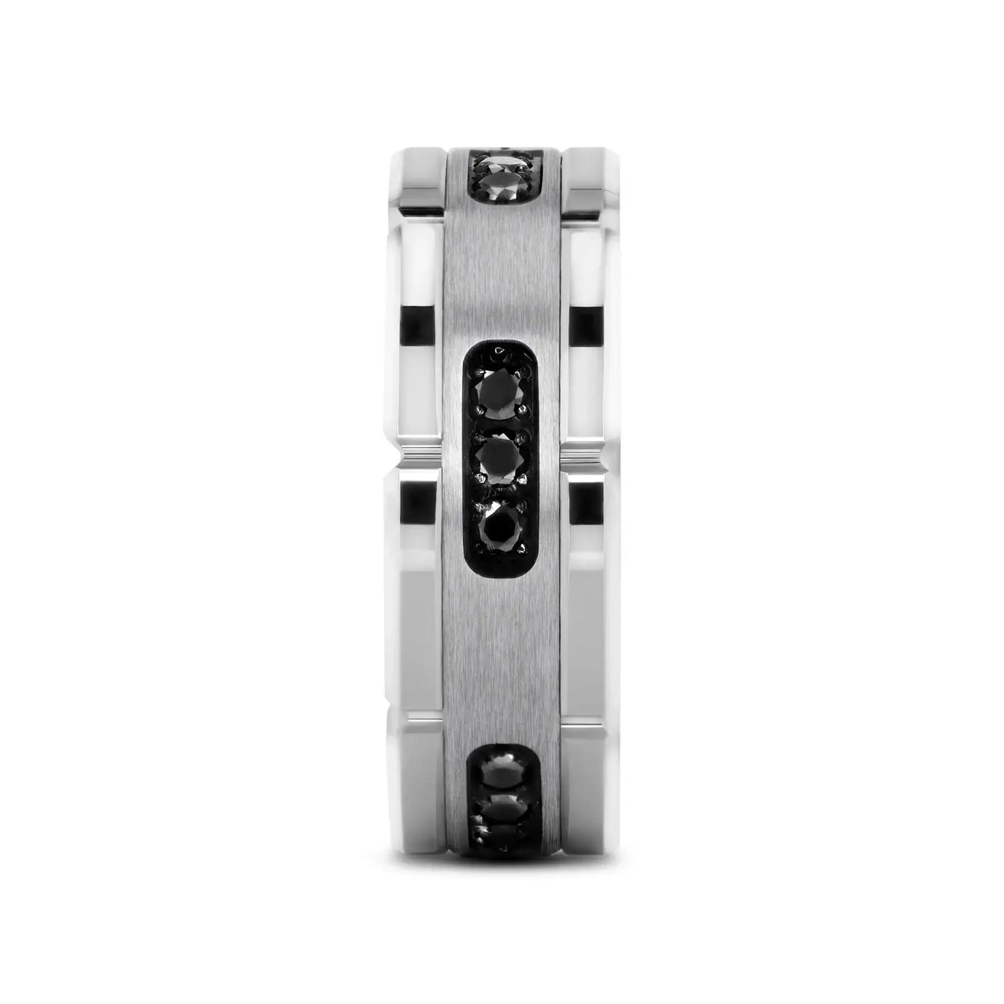 VALOR Grooved Tungsten Ring with Silver Inlay & Black Diamonds - 8mm - Larson Jewelers