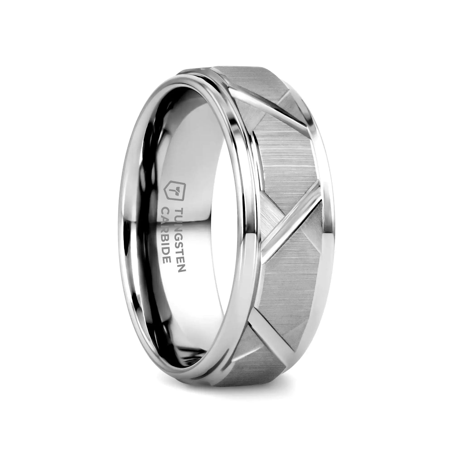 VESTIGE Tungsten Ring with Triangle Angle Grooves and Raised Center - 8mm - Larson Jewelers