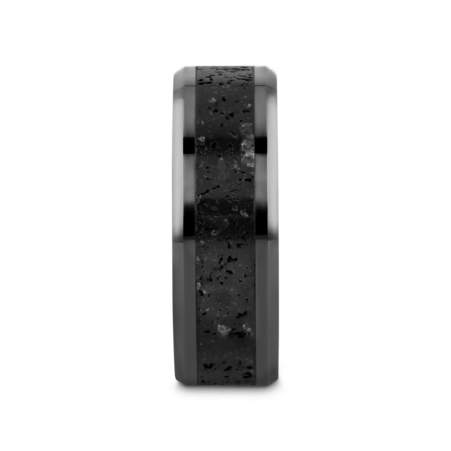 VESUVIUS Men’s Polished Black Ceramic Wedding Band with Black & Gray Lava Rock Stone Inlay & Polished Beveled Edges - 6mm & 8mm - Larson Jewelers