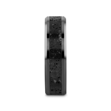 VESUVIUS Men’s Polished Black Ceramic Wedding Band with Black & Gray Lava Rock Stone Inlay & Polished Beveled Edges - 6mm & 8mm - Larson Jewelers