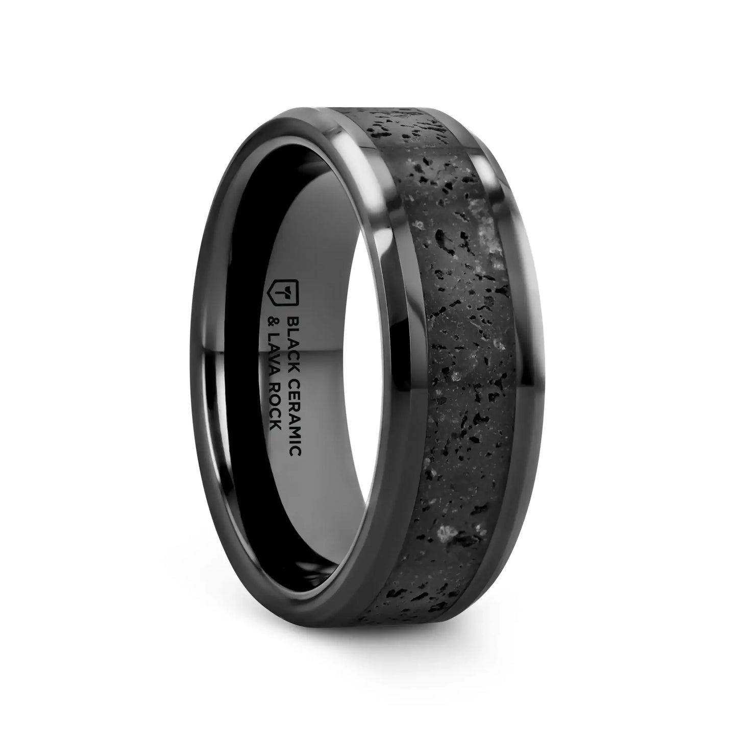 VESUVIUS Men’s Polished Black Ceramic Wedding Band with Black & Gray Lava Rock Stone Inlay & Polished Beveled Edges - 6mm & 8mm - Larson Jewelers