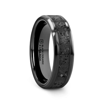 VESUVIUS Men’s Polished Black Ceramic Wedding Band with Black & Gray Lava Rock Stone Inlay & Polished Beveled Edges - 6mm & 8mm - Larson Jewelers