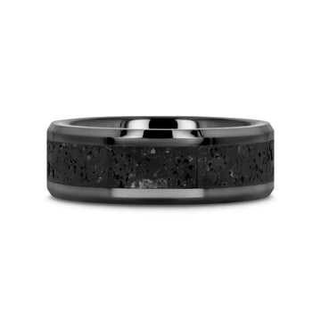 VESUVIUS Men’s Polished Black Ceramic Wedding Band with Black & Gray Lava Rock Stone Inlay & Polished Beveled Edges - 6mm & 8mm - Larson Jewelers