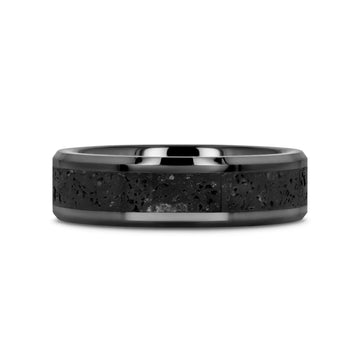 VESUVIUS Men’s Polished Black Ceramic Wedding Band with Black & Gray Lava Rock Stone Inlay & Polished Beveled Edges - 6mm & 8mm - Larson Jewelers