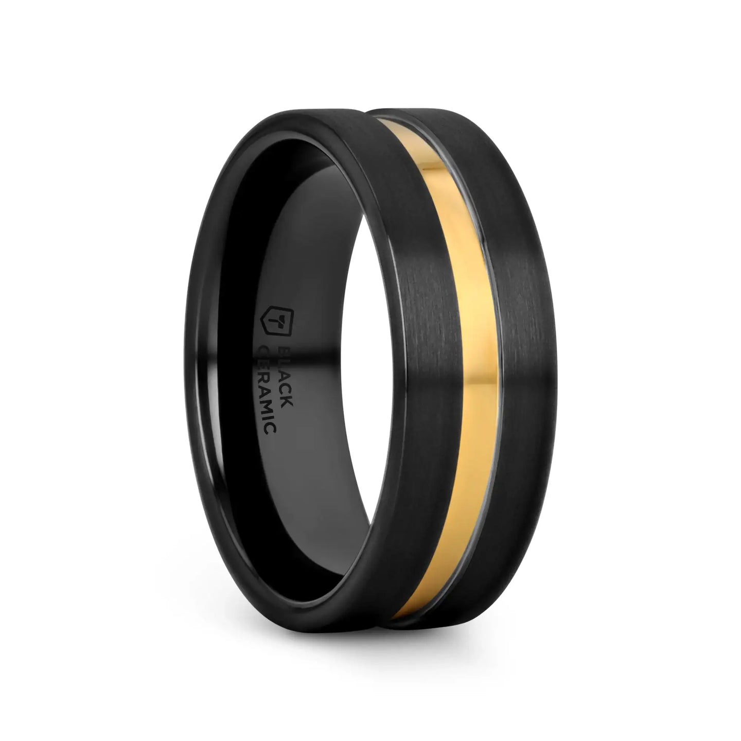 VIVALDI Black Ceramic Wedding Band With Yellow Gold Groove - 4mm - 8mm - Larson Jewelers