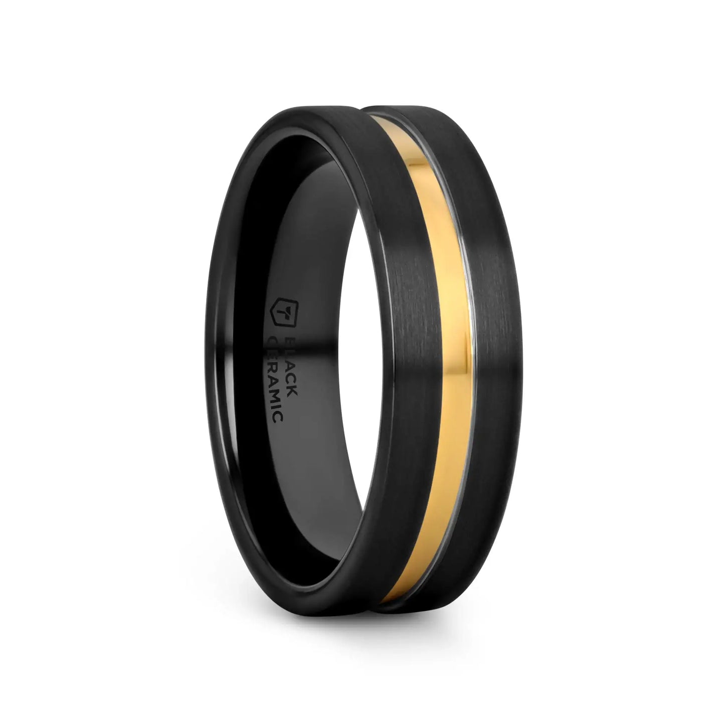VIVALDI Black Ceramic Wedding Band With Yellow Gold Groove - 4mm - 8mm - Larson Jewelers