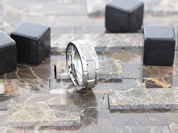WARWICK Beveled Tungsten Carbide Wedding Band with Brush Finished Center and Alternating Grooves - 8mm - Larson Jewelers