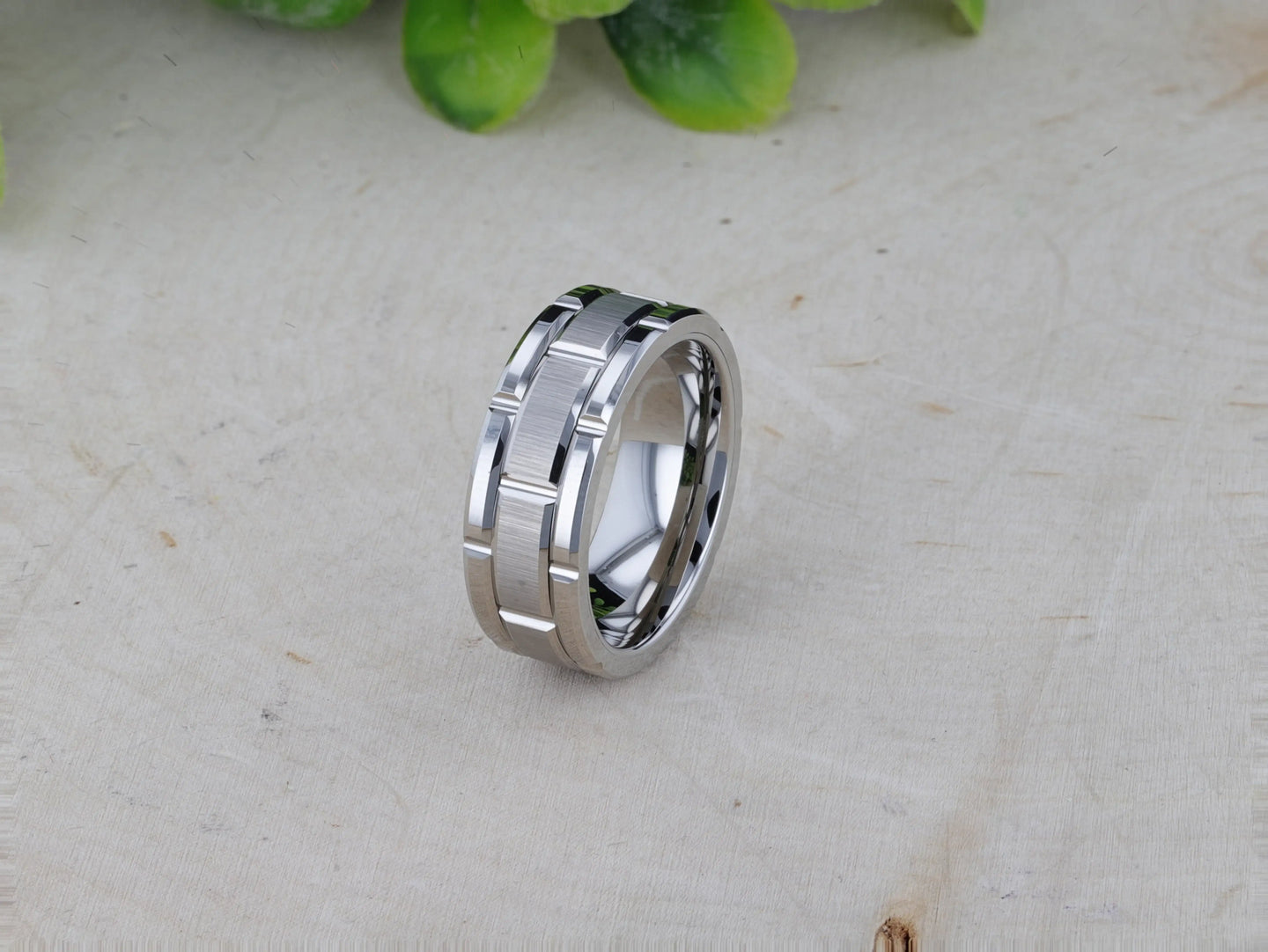 WARWICK Beveled Tungsten Carbide Wedding Band with Brush Finished Center and Alternating Grooves - 8mm - Larson Jewelers