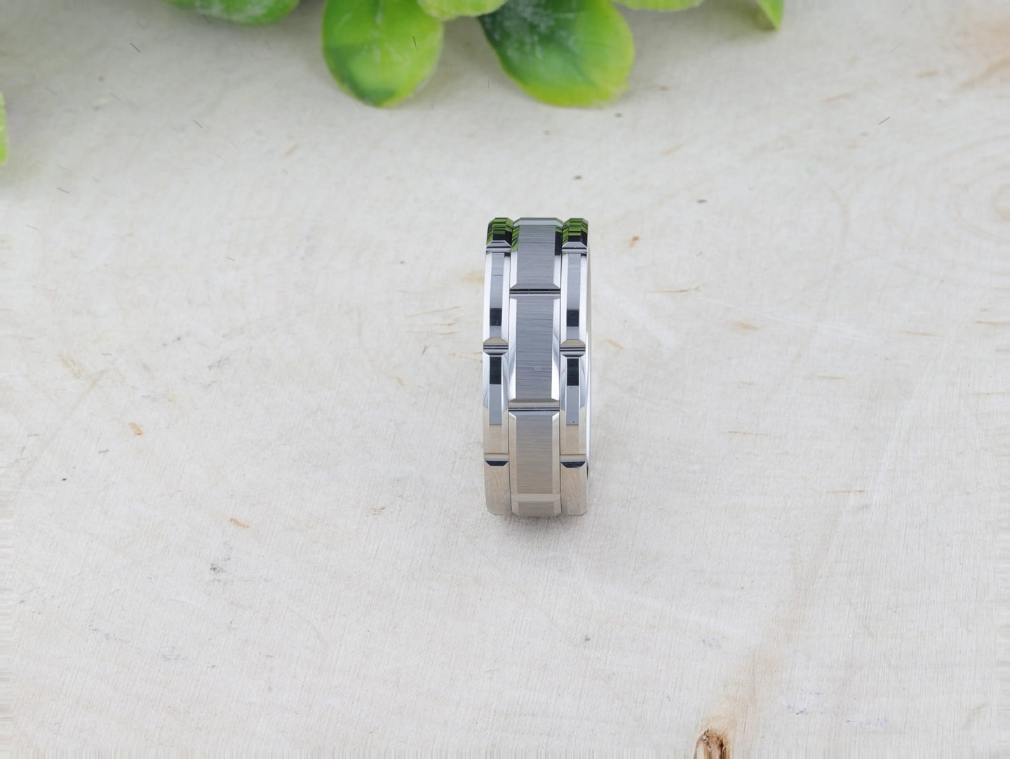 WARWICK Beveled Tungsten Carbide Wedding Band with Brush Finished Center and Alternating Grooves - 8mm - Larson Jewelers