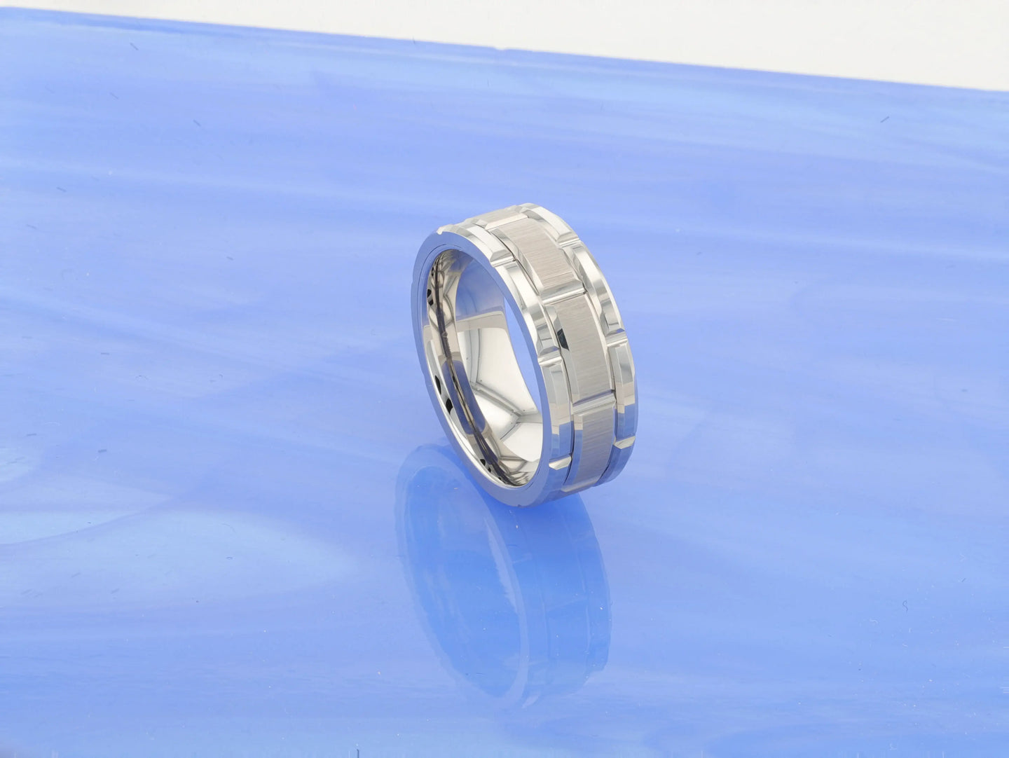 WARWICK Beveled Tungsten Carbide Wedding Band with Brush Finished Center and Alternating Grooves - 8mm - Larson Jewelers
