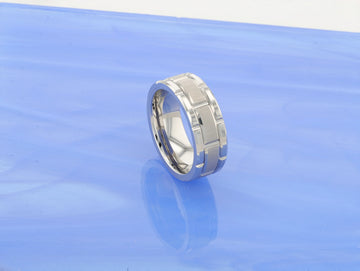 WARWICK Beveled Tungsten Carbide Wedding Band with Brush Finished Center and Alternating Grooves - 8mm - Larson Jewelers