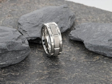WARWICK Beveled Tungsten Carbide Wedding Band with Brush Finished Center and Alternating Grooves - 8mm - Larson Jewelers