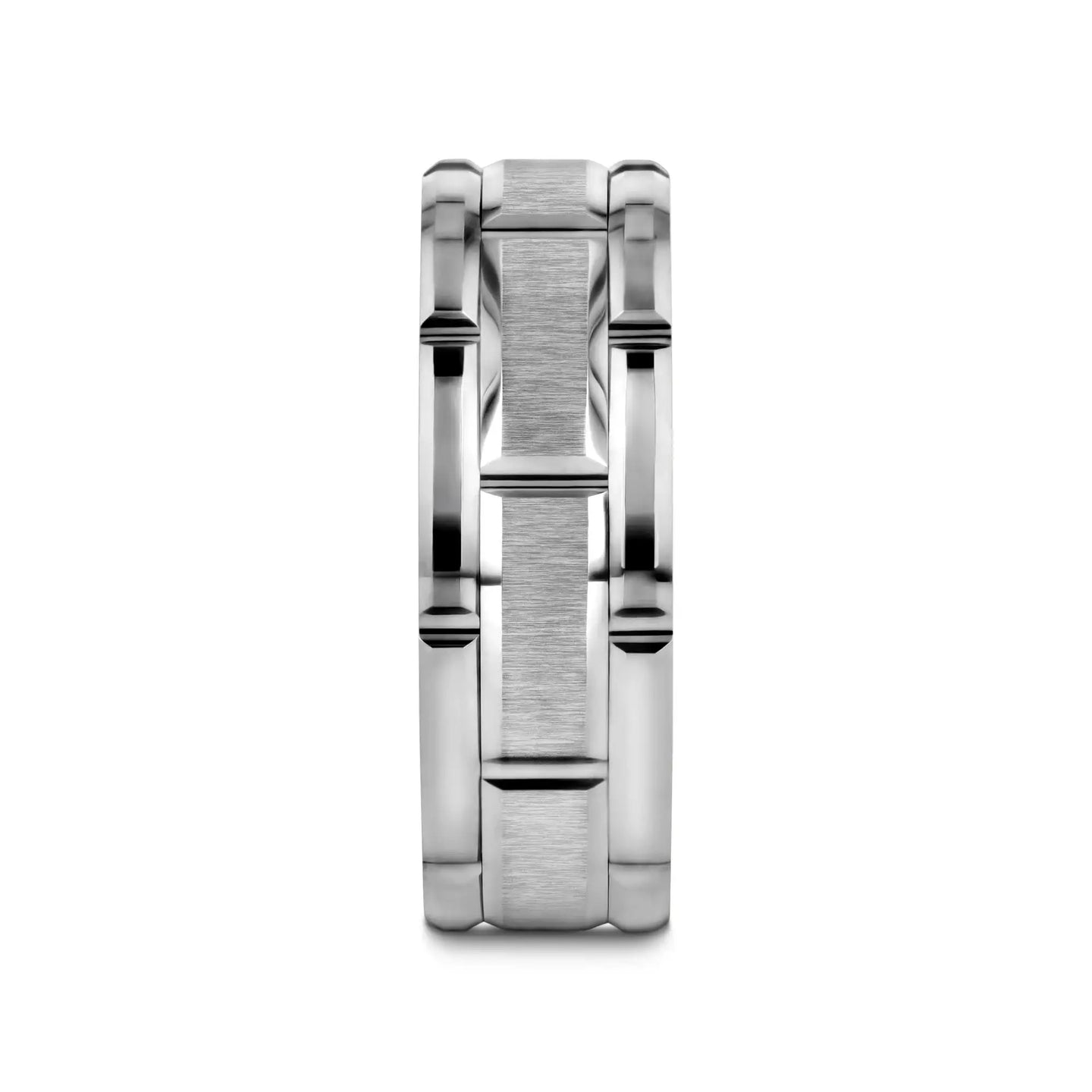 WARWICK Beveled Tungsten Carbide Wedding Band with Brush Finished Center and Alternating Grooves - 8mm - Larson Jewelers