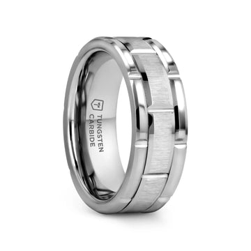 WARWICK Beveled Tungsten Carbide Wedding Band with Brush Finished Center and Alternating Grooves - 8mm - Larson Jewelers