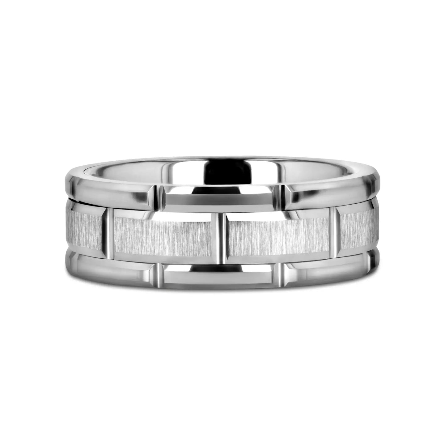 WARWICK Beveled Tungsten Carbide Wedding Band with Brush Finished Center and Alternating Grooves - 8mm - Larson Jewelers