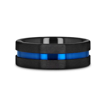 WESTLEY Flat Brushed Finish Black Ceramic Men’s Wedding Ring with Blue Grooved Center - 8mm - Larson Jewelers