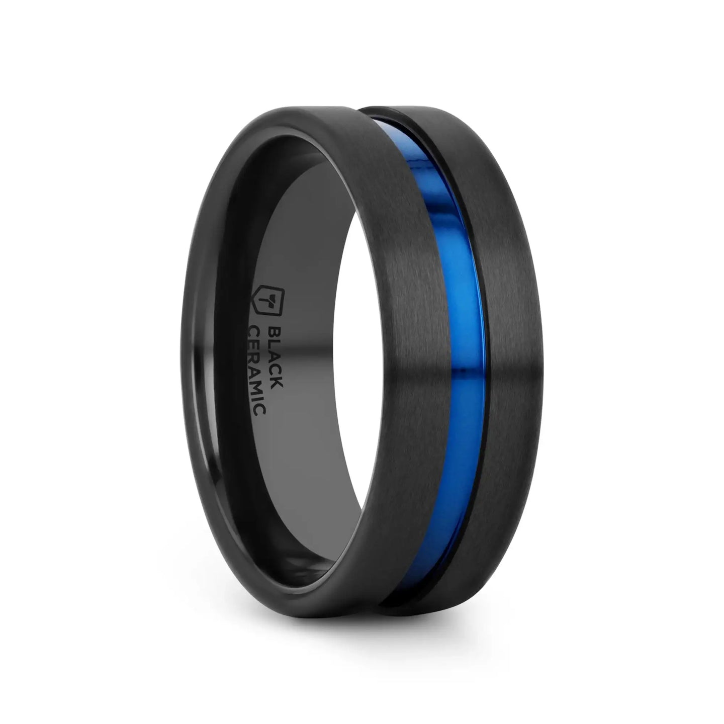 WESTLEY Flat Brushed Finish Black Ceramic Men’s Wedding Ring with Blue Grooved Center - 8mm - Larson Jewelers