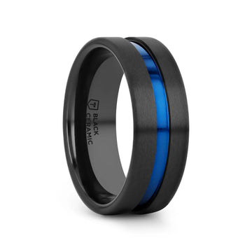 WESTLEY Flat Brushed Finish Black Ceramic Men’s Wedding Ring with Blue Grooved Center - 8mm - Larson Jewelers