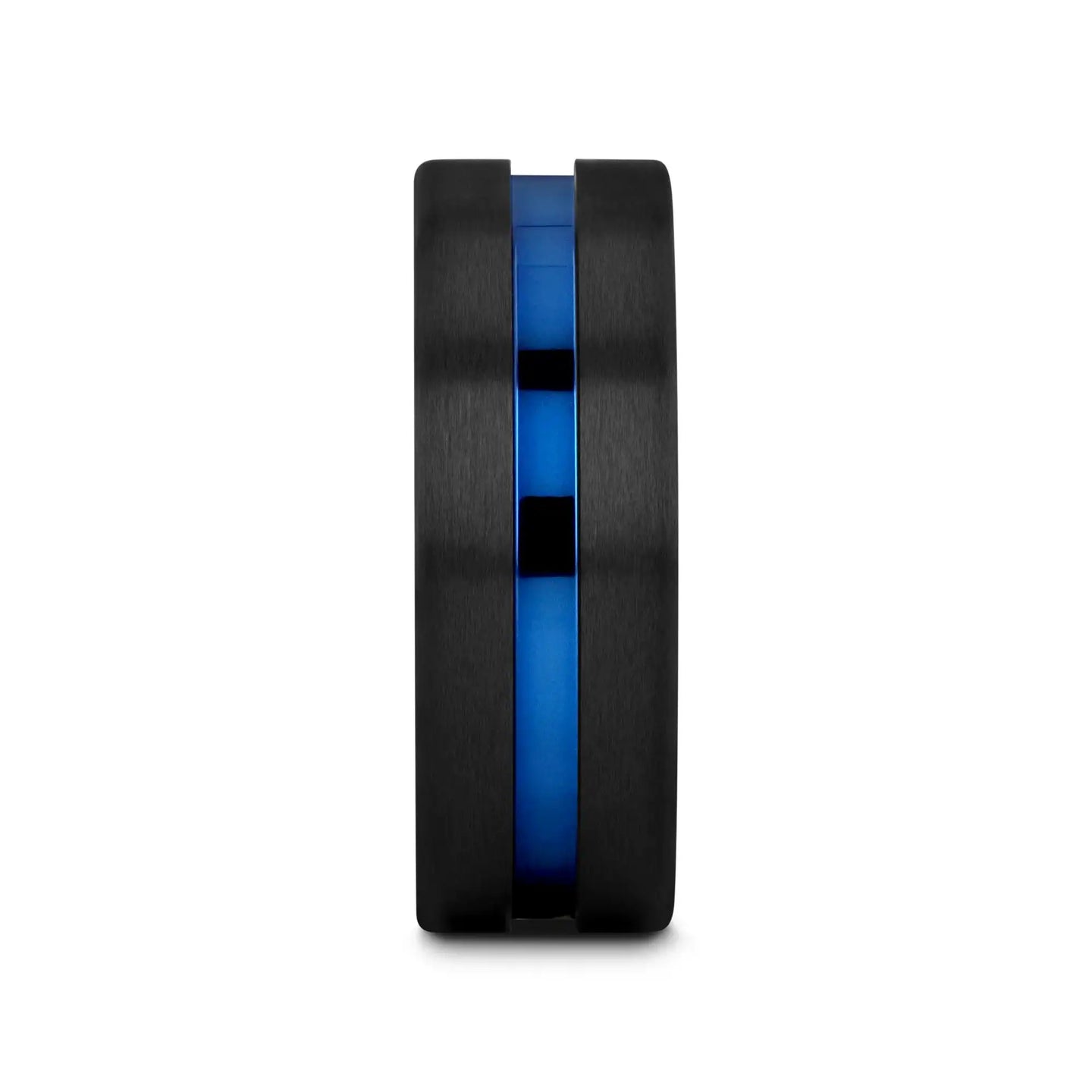 WESTLEY Flat Brushed Finish Black Ceramic Men’s Wedding Ring with Blue Grooved Center - 8mm - Larson Jewelers