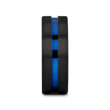 WESTLEY Flat Brushed Finish Black Ceramic Men’s Wedding Ring with Blue Grooved Center - 8mm - Larson Jewelers