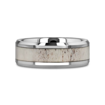 WHITETAIL Polished Beveled Tungsten Carbide Men's Wedding Band with Off-White Deer Antler Inlay - 8mm - Larson Jewelers