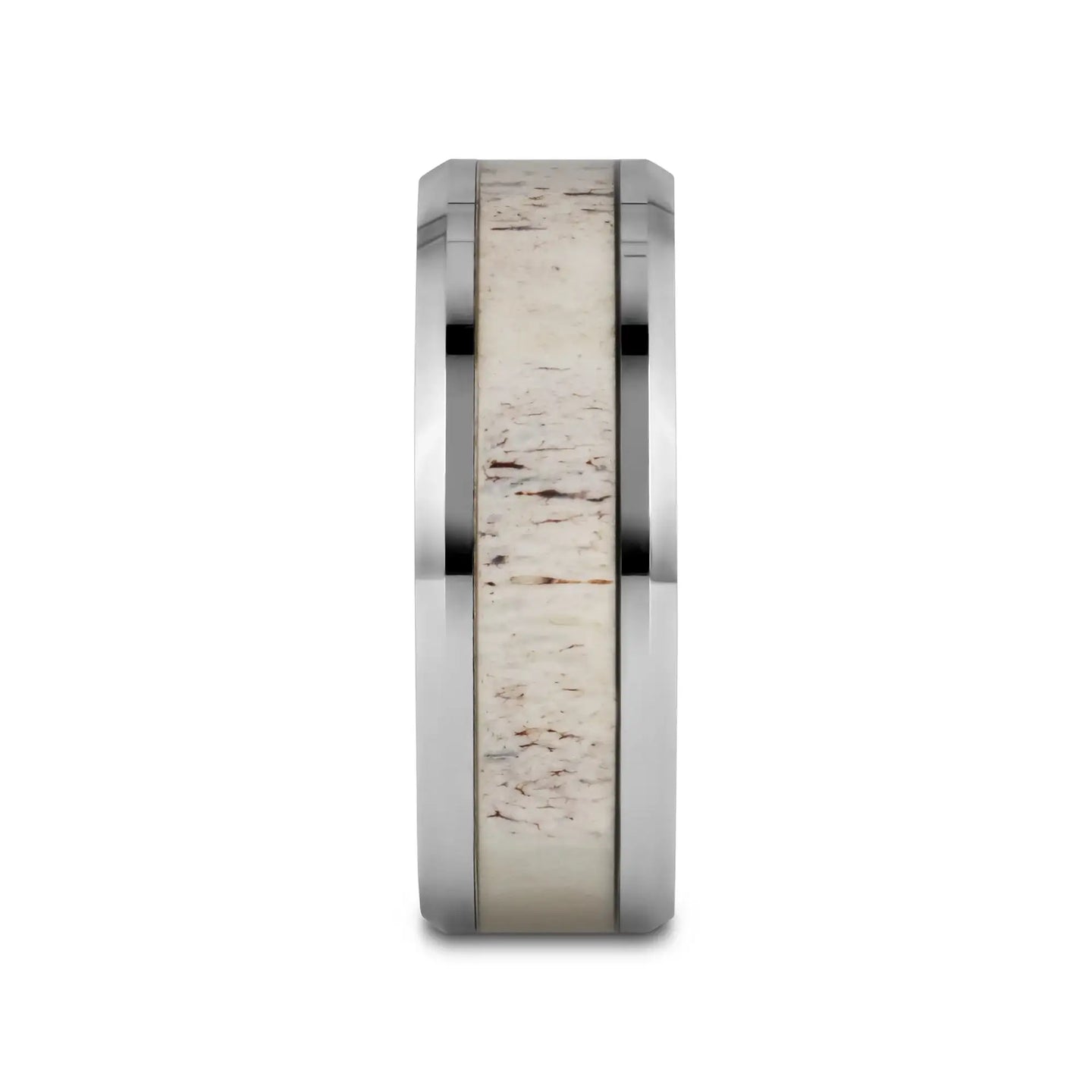 WHITETAIL Polished Beveled Tungsten Carbide Men's Wedding Band with Off-White Deer Antler Inlay - 8mm - Larson Jewelers