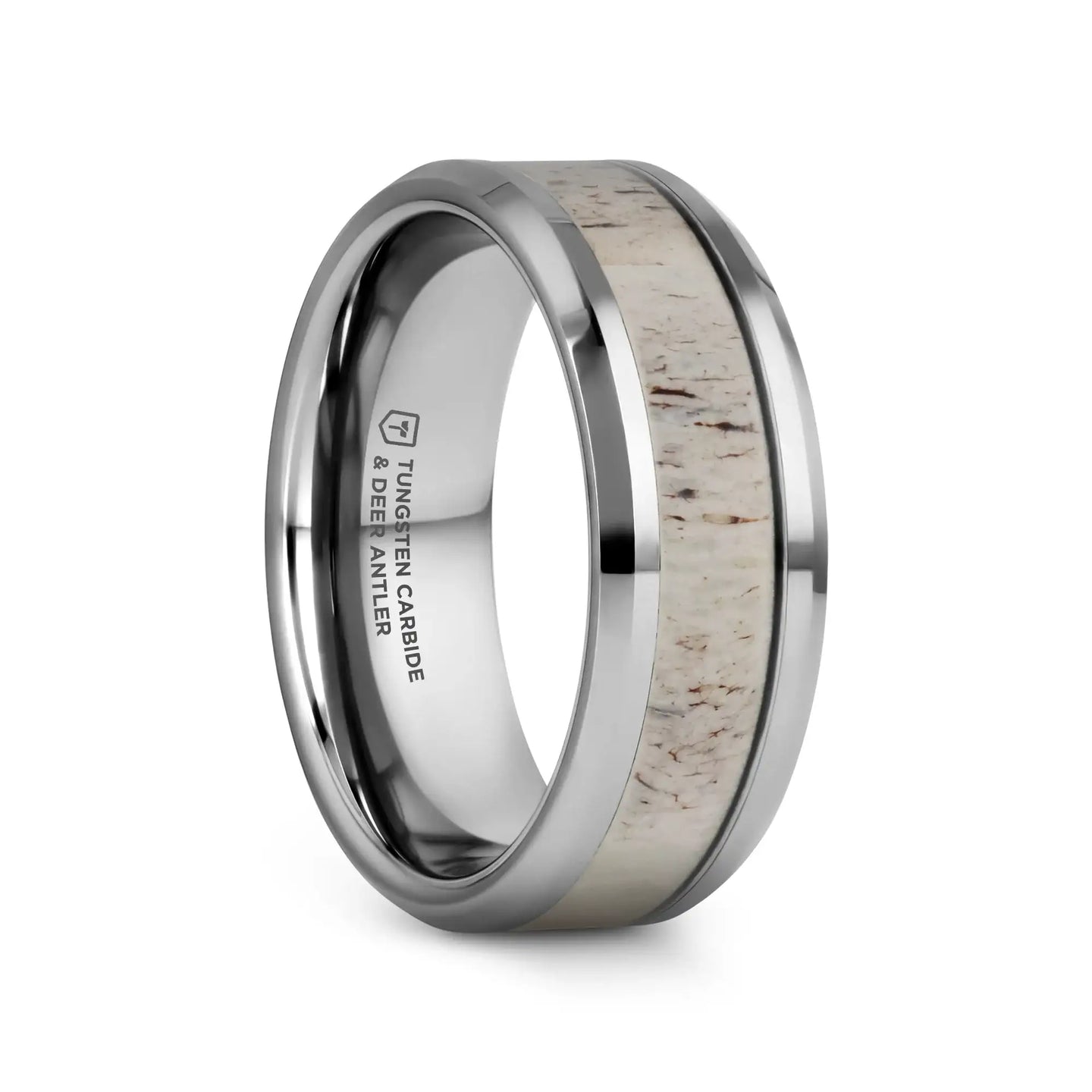 WHITETAIL Polished Beveled Tungsten Carbide Men's Wedding Band with Off-White Deer Antler Inlay - 8mm - Larson Jewelers