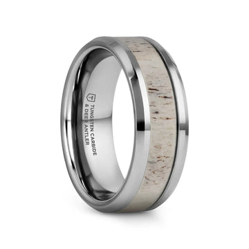 WHITETAIL Polished Beveled Tungsten Carbide Men's Wedding Band with Off-White Deer Antler Inlay - 8mm - Larson Jewelers