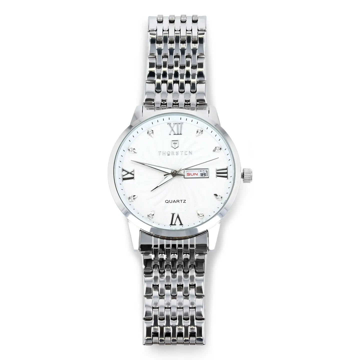 Silver-toned watch with white dial, Roman numerals, day-date window, and linked metal band.