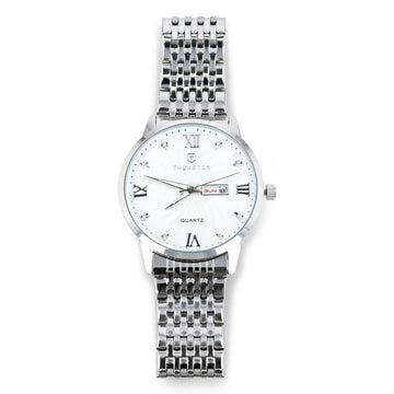 Silver-toned watch with white dial, Roman numerals, day-date window, and linked metal band.