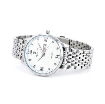 Round watch with white dial, Roman numerals, diamond hour markers, silver metal band, and day-date window.