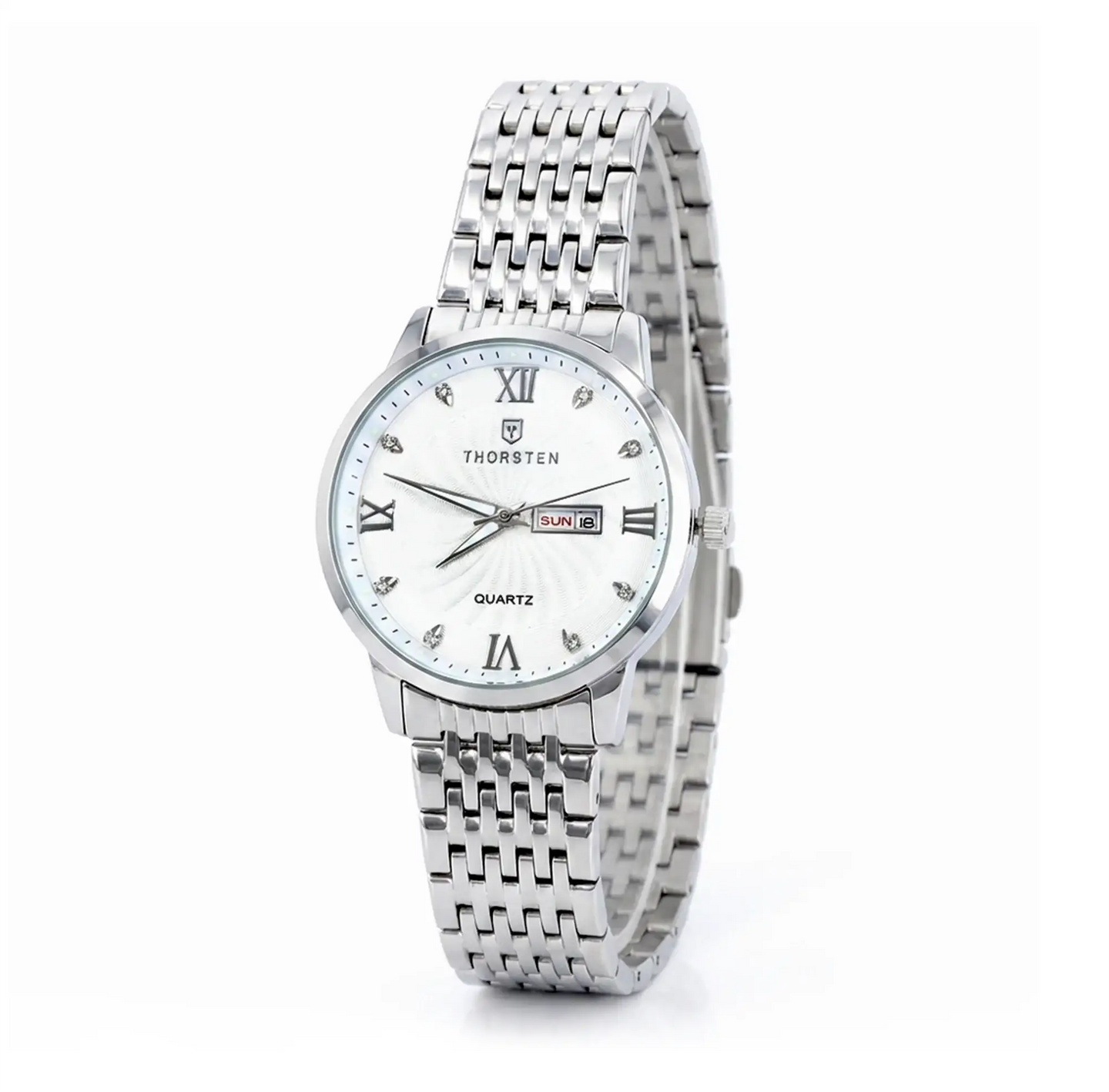 Silver-tone watch with white dial, Roman numerals, day-date window, and linked metal band.