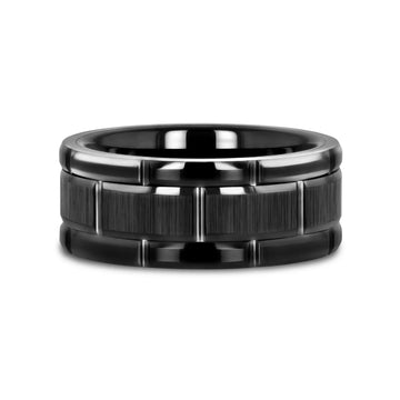 WINDSOR Beveled Black Tungsten Carbide Wedding Band with Brushed Center and Alternating Grooves – 8mm & 10mm - Larson Jewelers