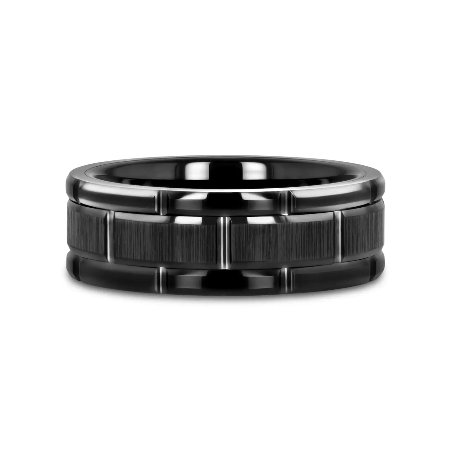WINDSOR Beveled Black Tungsten Carbide Wedding Band with Brushed Center and Alternating Grooves – 8mm & 10mm - Larson Jewelers