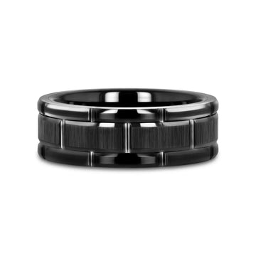 WINDSOR Beveled Black Tungsten Carbide Wedding Band with Brushed Center and Alternating Grooves – 8mm & 10mm - Larson Jewelers