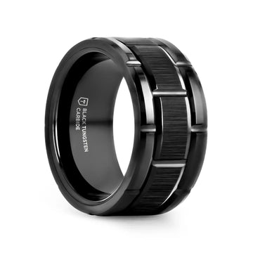 WINDSOR Beveled Black Tungsten Carbide Wedding Band with Brushed Center and Alternating Grooves – 8mm & 10mm - Larson Jewelers