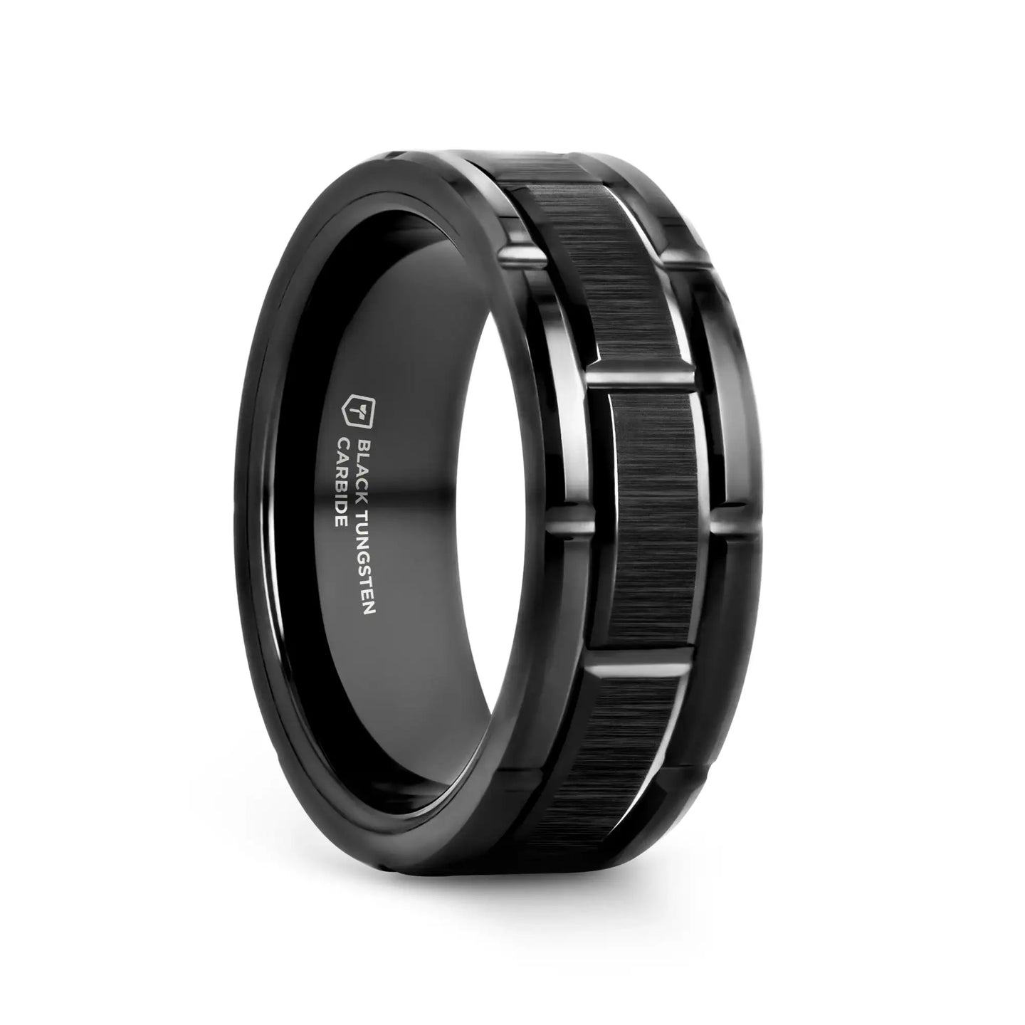 WINDSOR Beveled Black Tungsten Carbide Wedding Band with Brushed Center and Alternating Grooves – 8mm & 10mm - Larson Jewelers