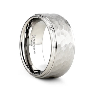 WINSTON White Tungsten Ring with Raised Hammered Finish and Polished Step Edges - 4mm - 10mm - Larson Jewelers
