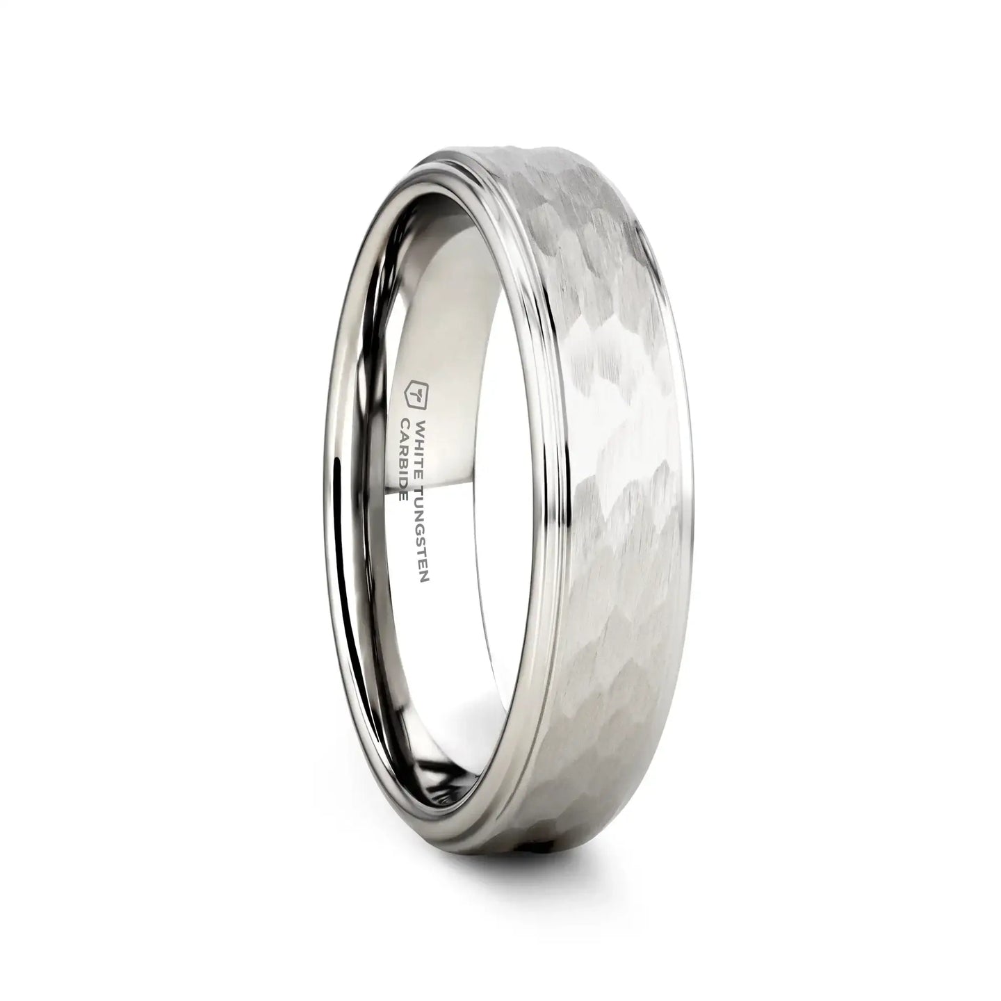 WINSTON White Tungsten Ring with Raised Hammered Finish and Polished Step Edges - 4mm - 10mm - Larson Jewelers