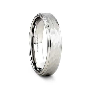 WINSTON White Tungsten Ring with Raised Hammered Finish and Polished Step Edges - 4mm - 10mm - Larson Jewelers