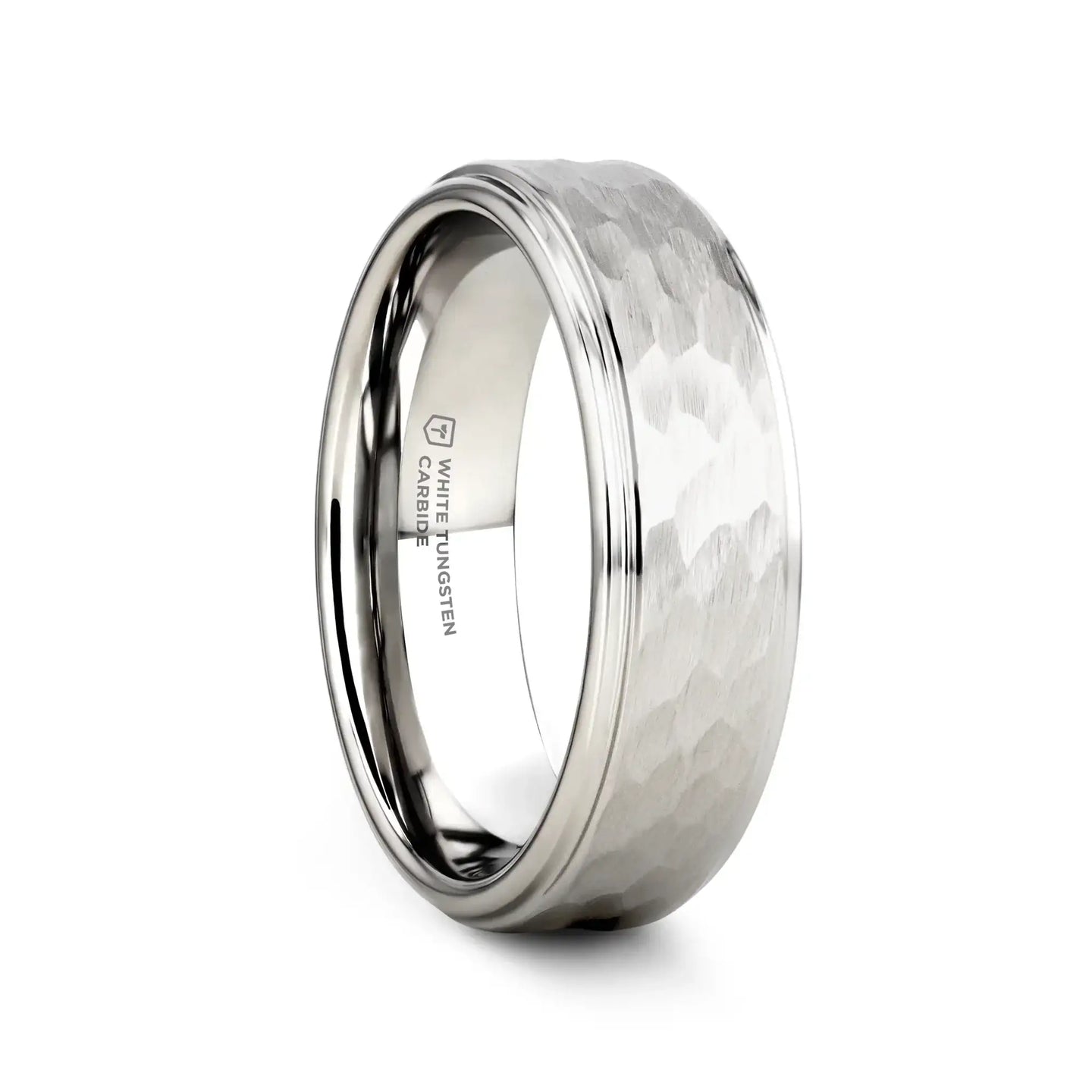WINSTON White Tungsten Ring with Raised Hammered Finish and Polished Step Edges - 4mm - 10mm - Larson Jewelers