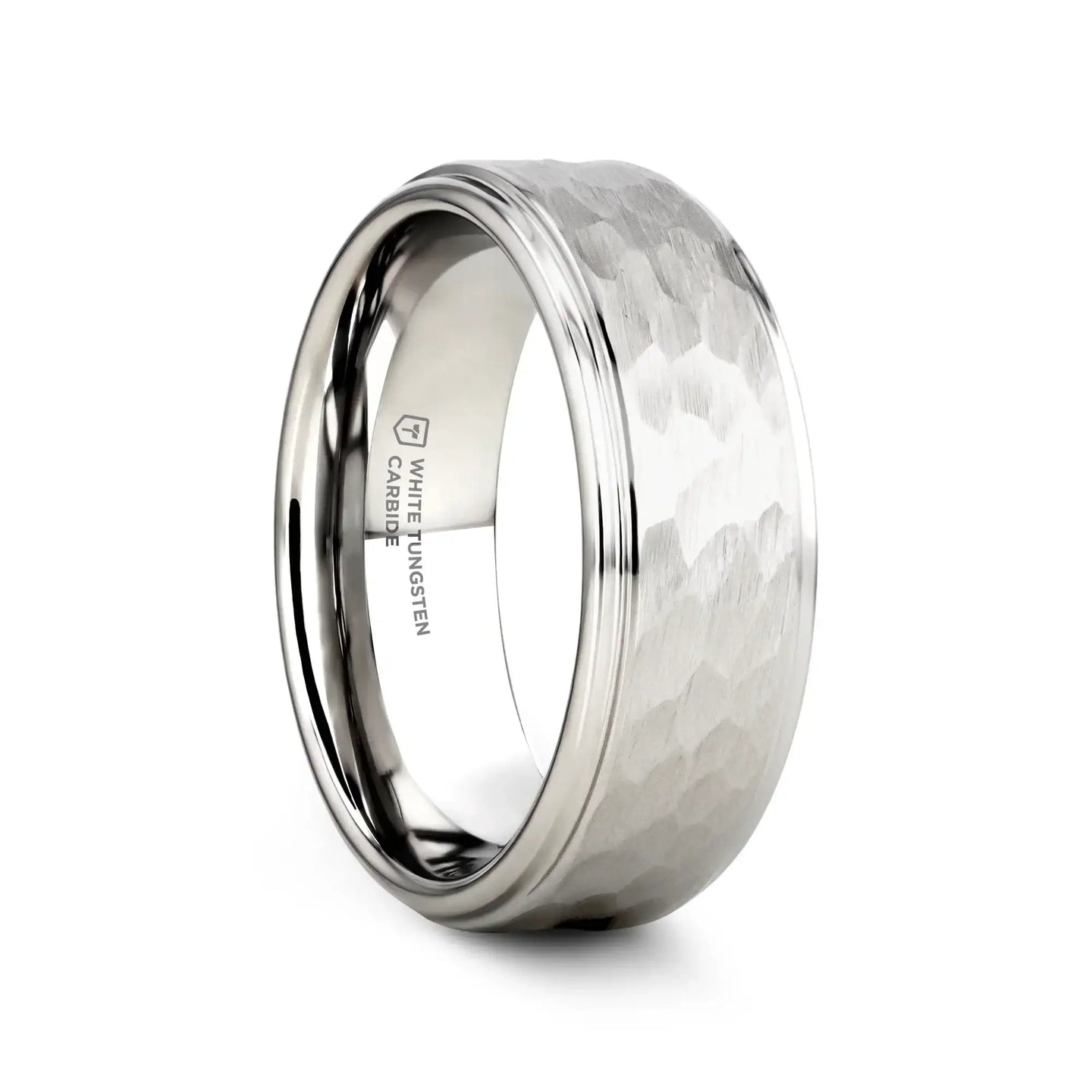 WINSTON White Tungsten Ring with Raised Hammered Finish and Polished Step Edges - 4mm - 10mm - Larson Jewelers