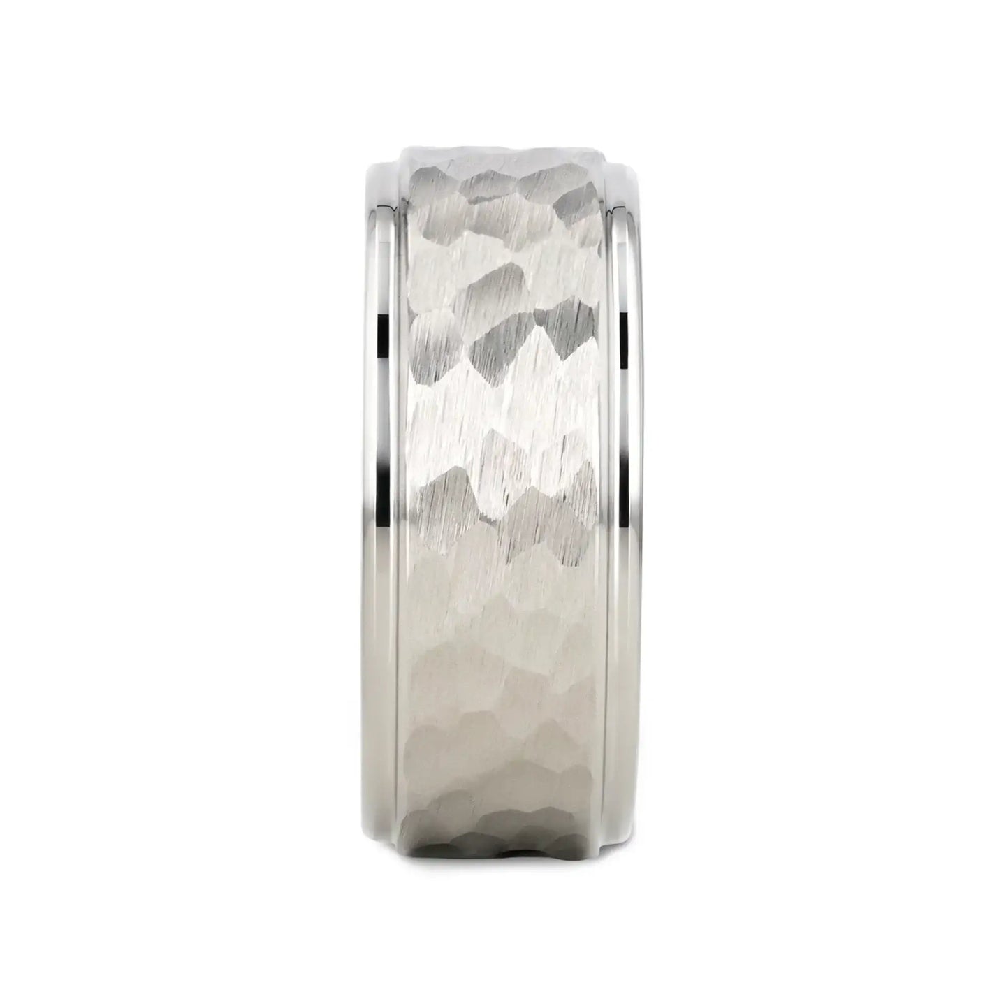 WINSTON White Tungsten Ring with Raised Hammered Finish and Polished Step Edges - 4mm - 10mm - Larson Jewelers