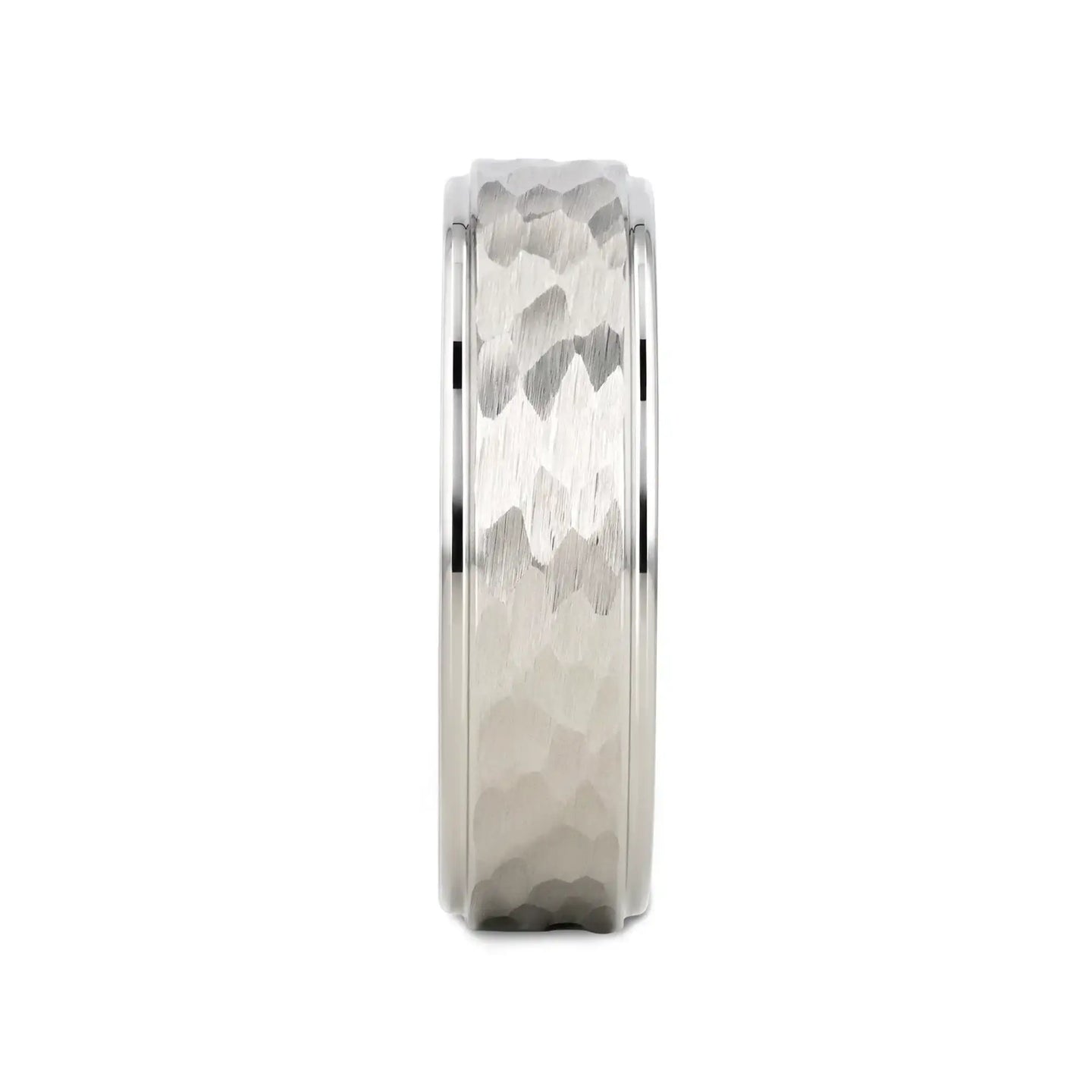 WINSTON White Tungsten Ring with Raised Hammered Finish and Polished Step Edges - 4mm - 10mm - Larson Jewelers