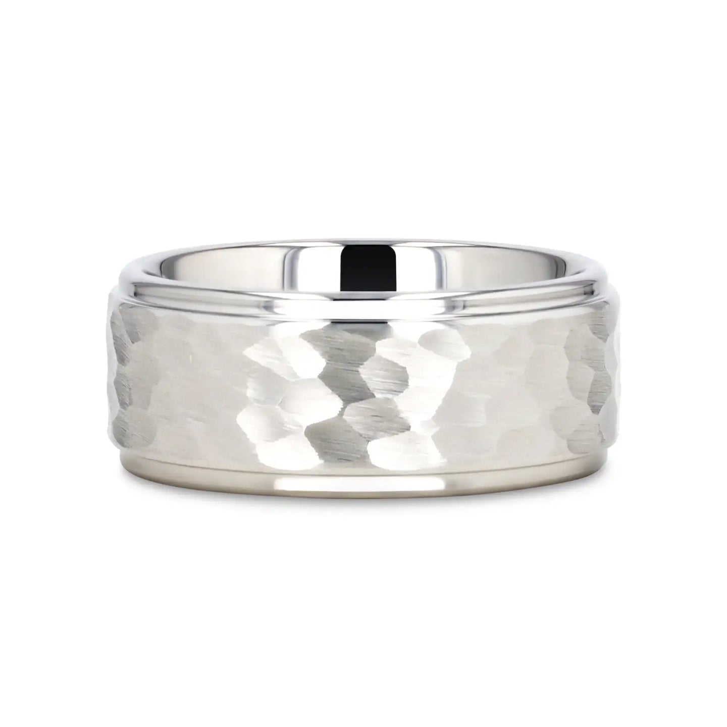 WINSTON White Tungsten Ring with Raised Hammered Finish and Polished Step Edges - 4mm - 10mm - Larson Jewelers