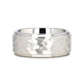 WINSTON White Tungsten Ring with Raised Hammered Finish and Polished Step Edges - 4mm - 10mm - Larson Jewelers