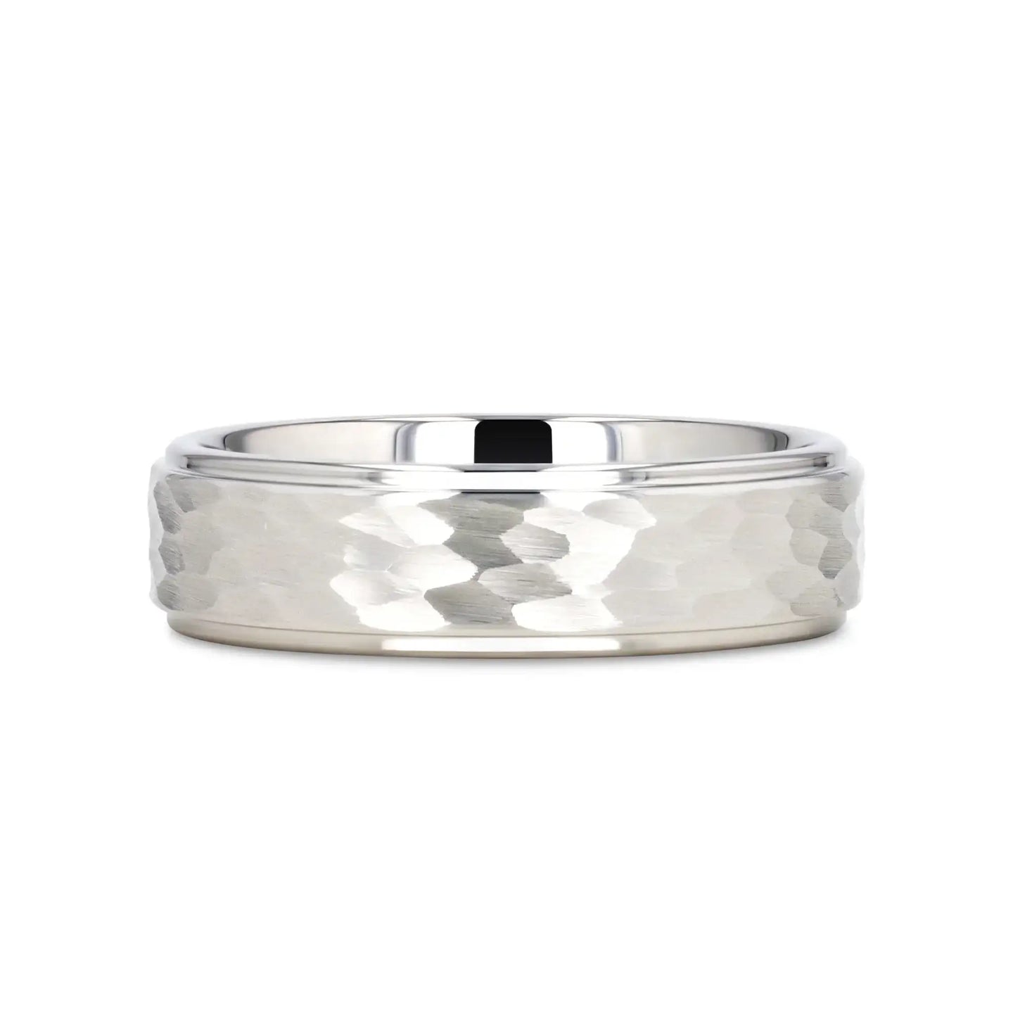 WINSTON White Tungsten Ring with Raised Hammered Finish and Polished Step Edges - 4mm - 10mm - Larson Jewelers